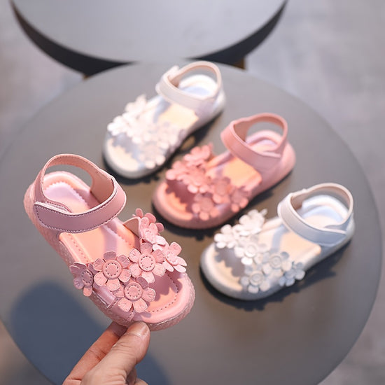 Baby Girls Cute Casual Sandals With Flower Decoration, Non-slip Soft Sole Slip-on Hook And Loop Fastener Shoes For Summer